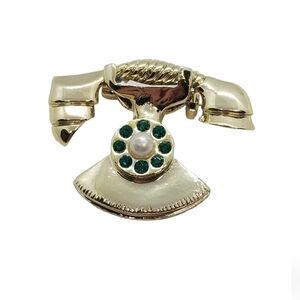 GERRYS VINTAGE GOLDTONED & GREEN RHINESTONE RETRO PHONE PIN